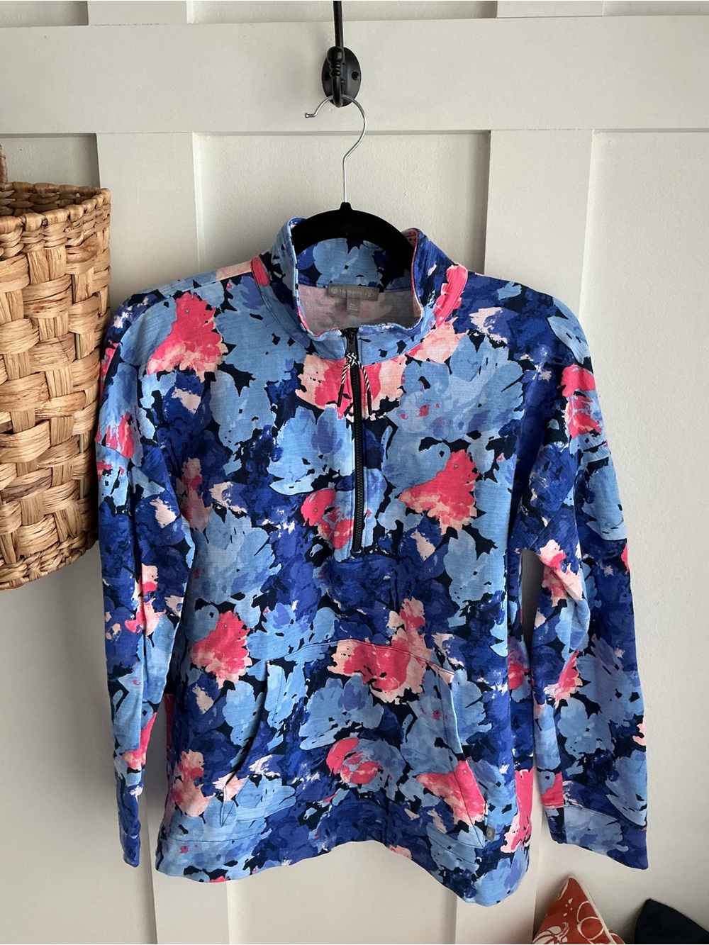 Talbots Blue & Pink Floral Half-Zip Turtleneck Sweater